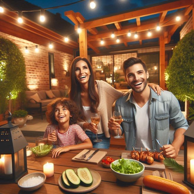 outdoor kitchen with spotlights