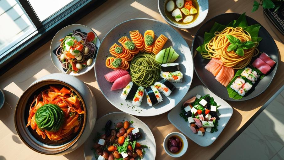 A bright kitchen table displaying diverse international dishes from Korean to Mediterranean cuisines.
