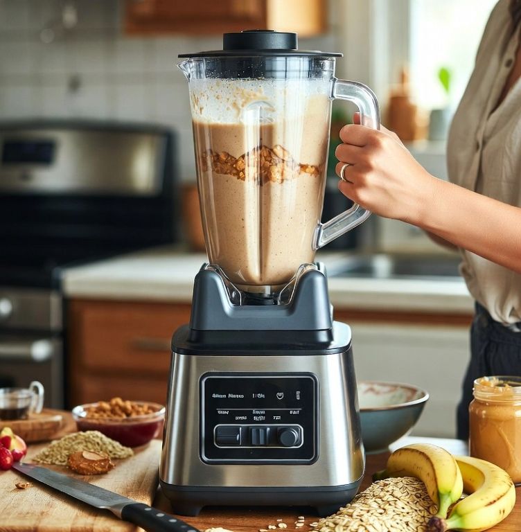 blending a high-calorie smoothie with fruits, oats, and peanut butter