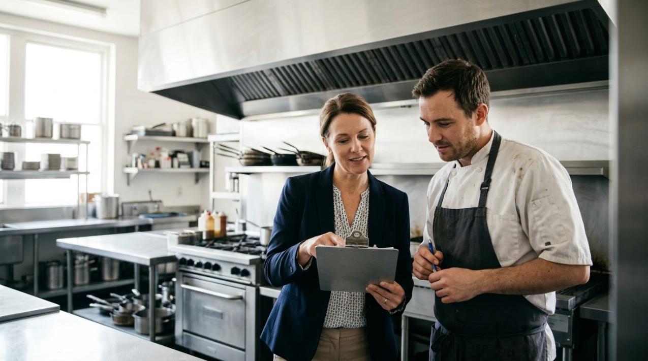 A property owner and chef discussing investing in real estate with a commercial kitchen.